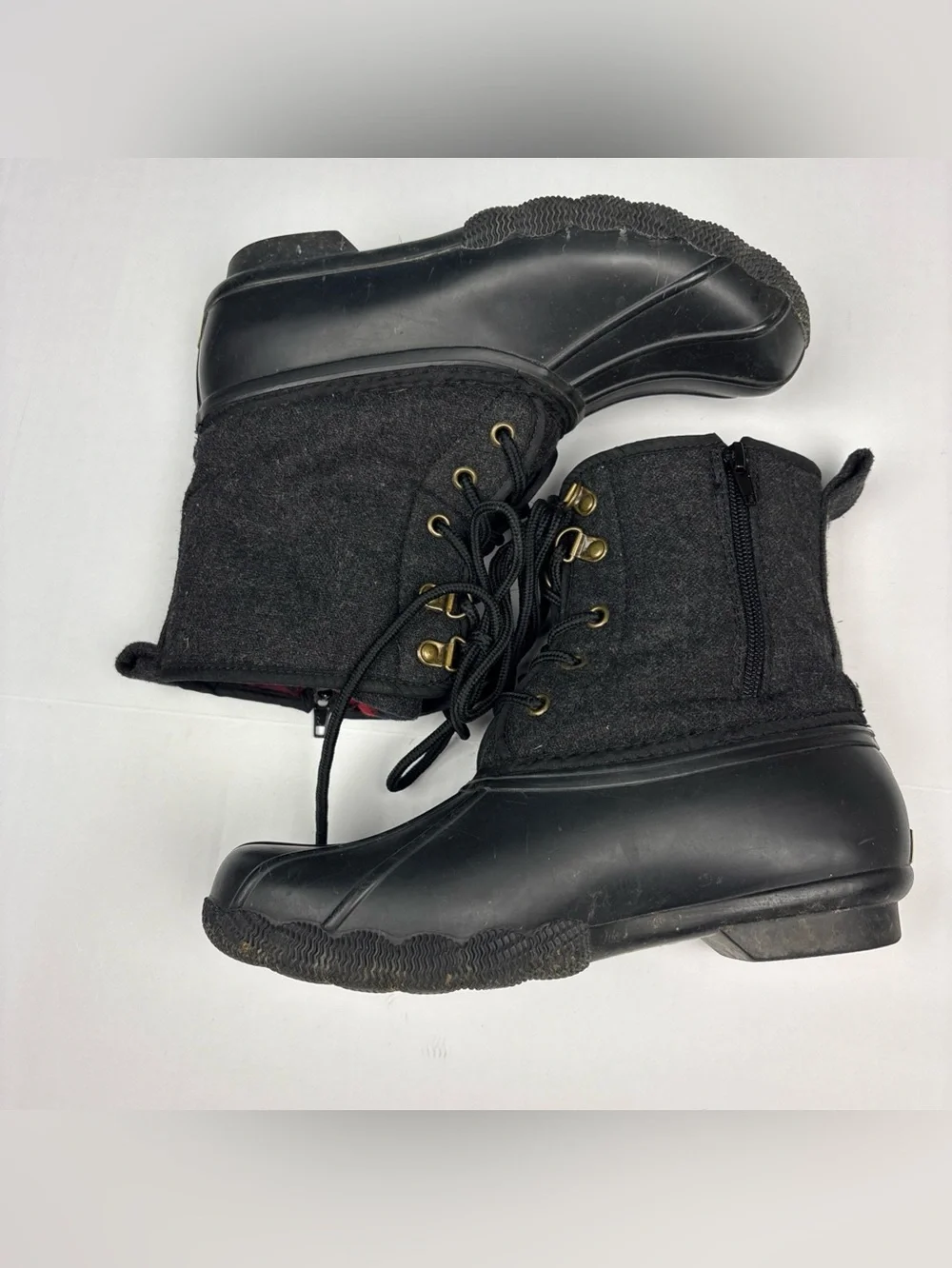 Tommy Hilfiger Women Size 5 Duck Boots Gray Tweed Black Rubber Lace Up Rain